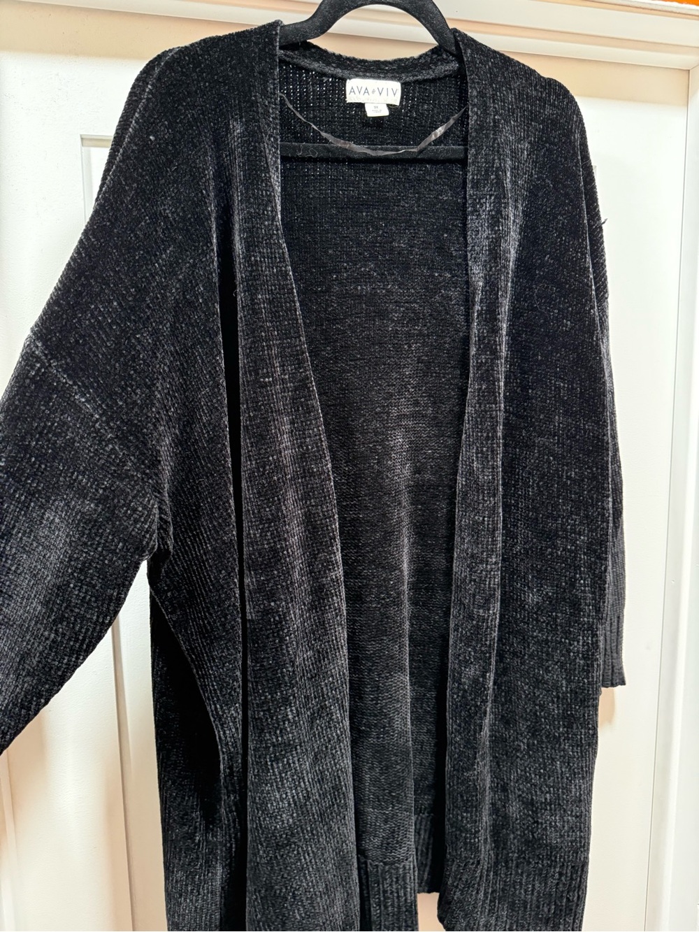 Ava & Viv Black Open-Front Long Chenille Cardigan Sweater